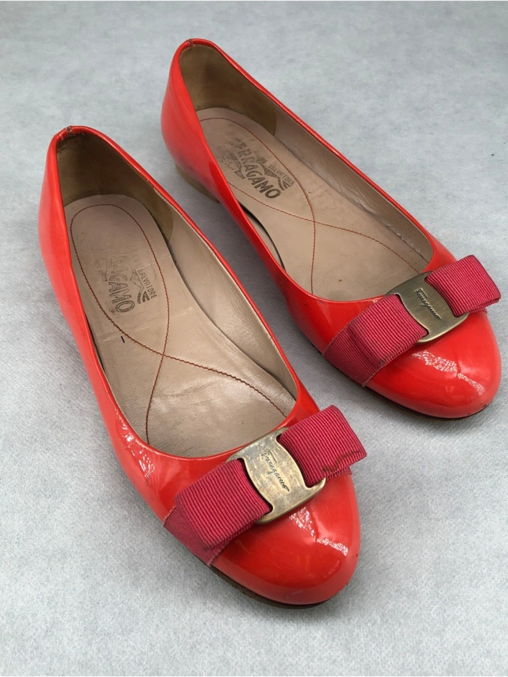 Salvatore Ferragamo Orange Patent Vara Bow Flats